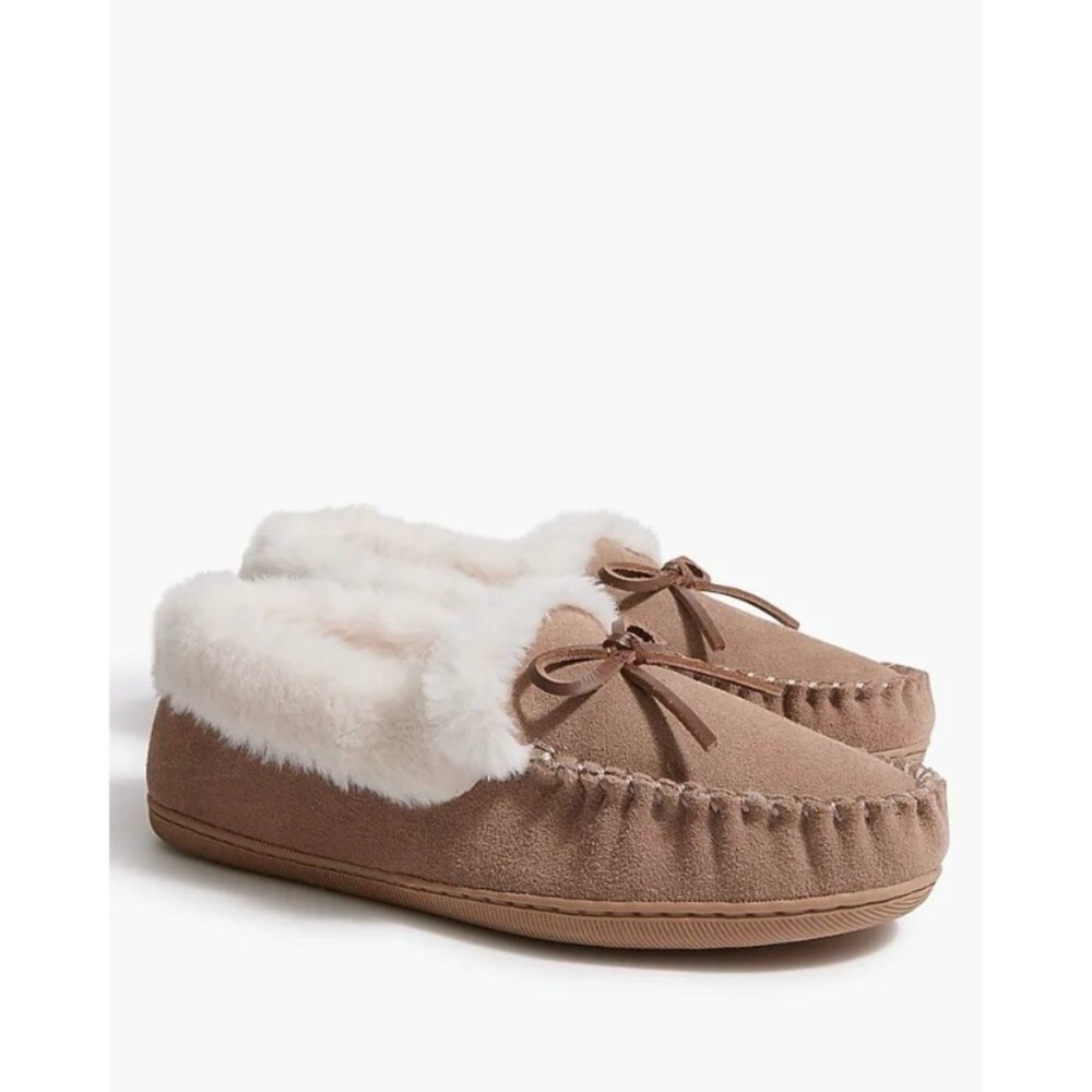 J Crew Sherpa Lined Slippers Size 6‎ Moccasin Loafer Style Indoor/Outdoor Soles